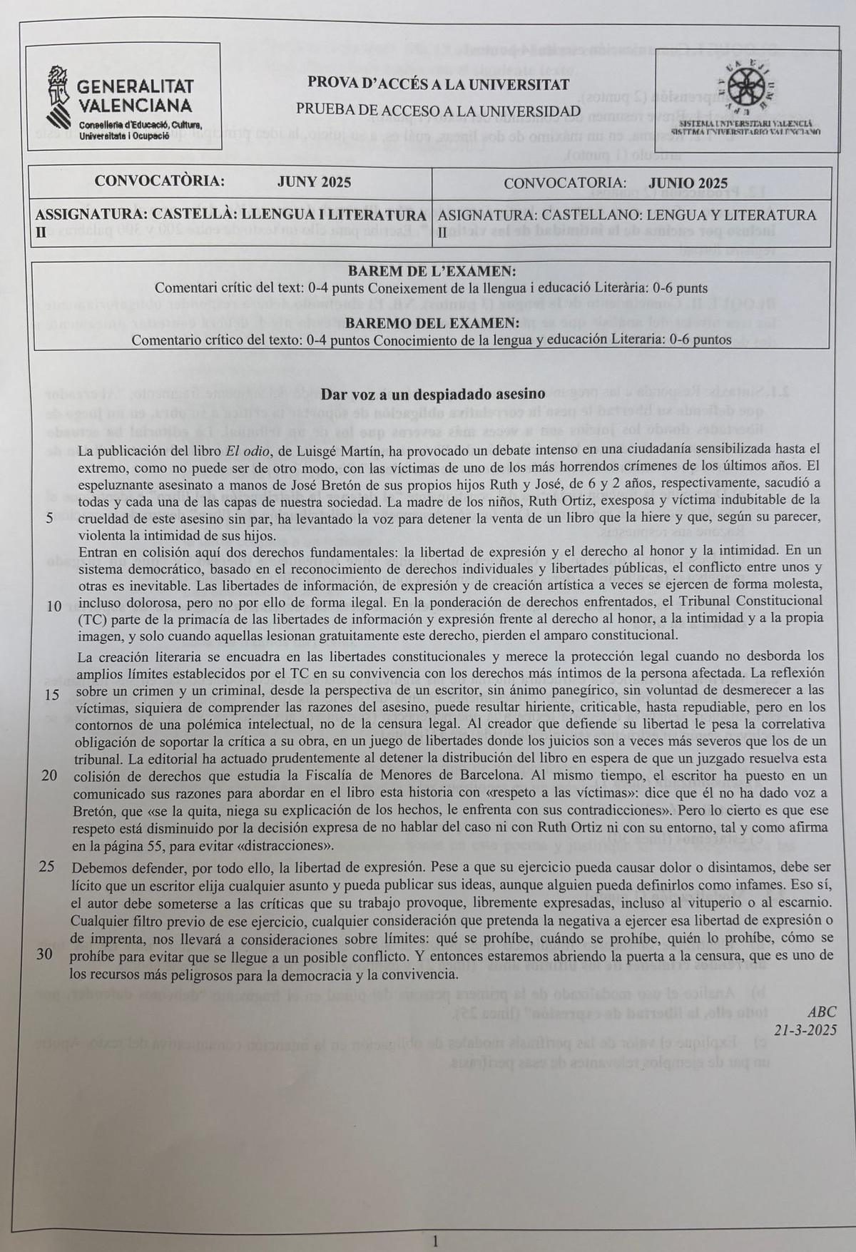 Primera página del examen de Castellano de la PAU 2025