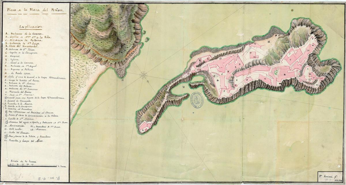 Mapa del peñón de Vélez de la Gomera en 1775
