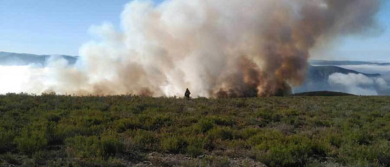 El incendio reavivado en la sierra de Uría, ayer por la mañana.