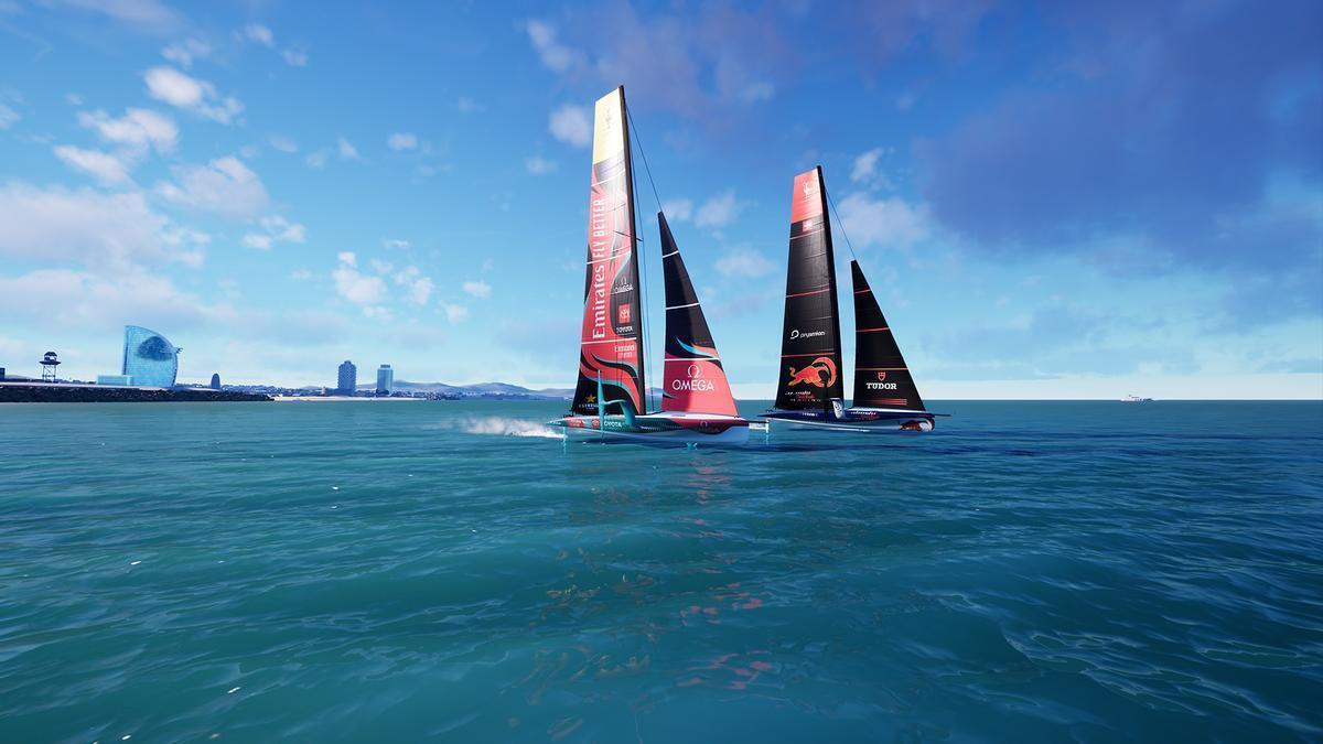 Dos veleros AC40 regatean en una simulación del nuevo videojuego de la Copa América de vela, AC Sailing