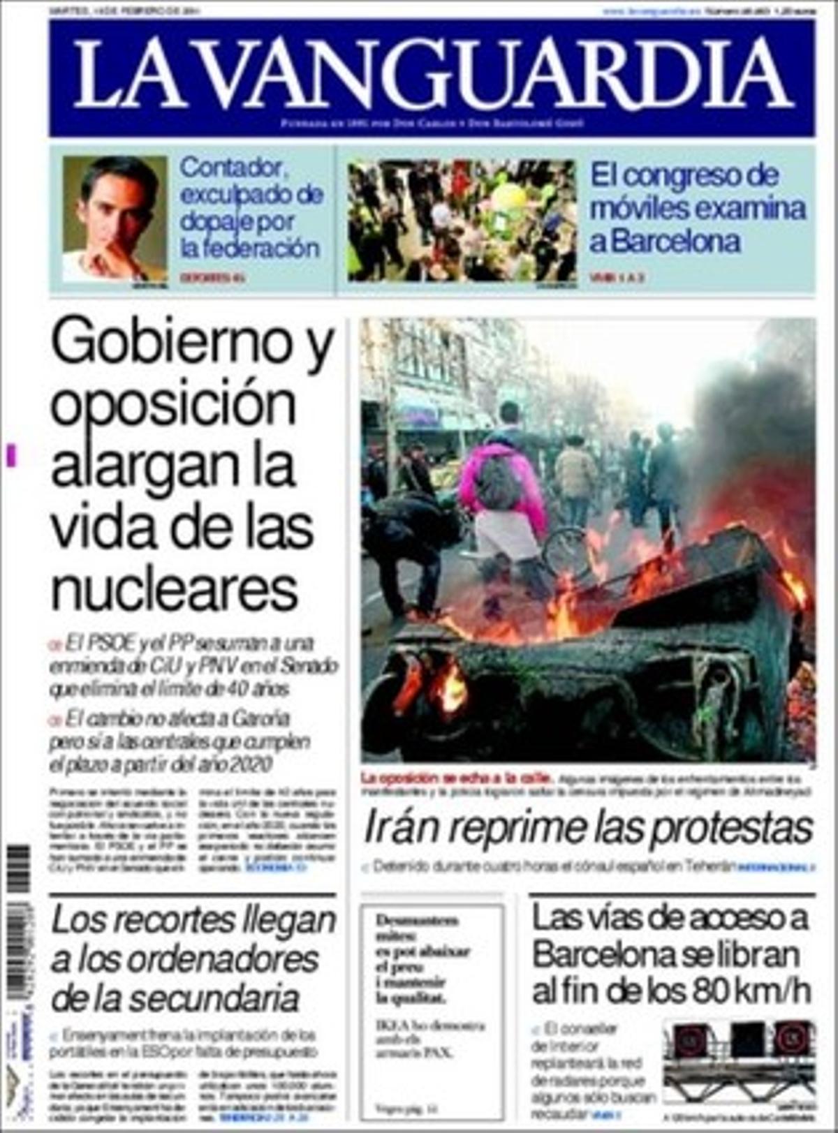 ’La Vanguardia’ dóna rellevància en pàgines interiors a la notícia que Montilla trenca amb Mas als 50 dies, que el Govern espanyol es compromet davant la UE a certificar tot el que s’estudiï fins als 16 anys per combatre l’abandonament escolar, que l’Ajuntament de Barcelona coneixia la relació del funcionari imputat amb Bailén 22, que els editors europeus demanen a Brussel·les IVA zero per als diaris, que Catalunya Caixa reuneix el consell per aprovar la conversió en banc, i que Angel Simón guanya suports com a substitut de Salvador Alemany al capdavant del Cercle d’Economia.