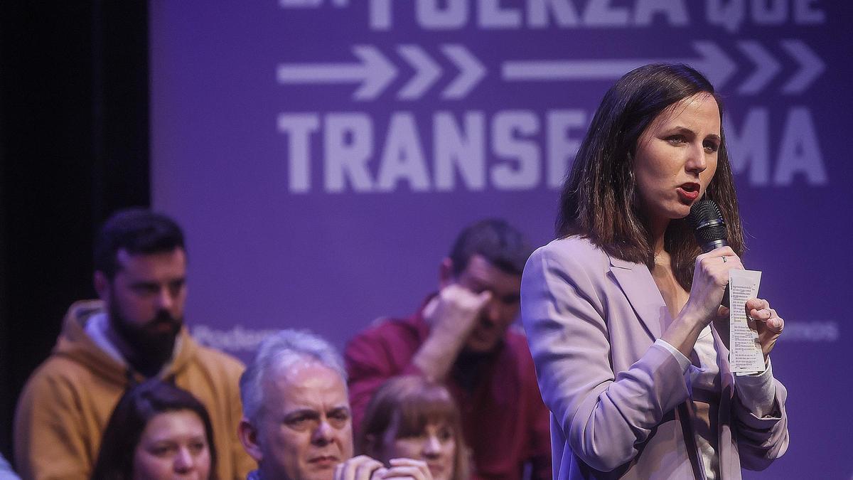 La secretaria general de Podemos, Ione Belarra, durante un acto en Valencia.