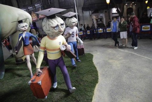 A monument depicting young Spaniards leaving the country is seen at the "Fallas" festival as a social and political criticism in Valencia