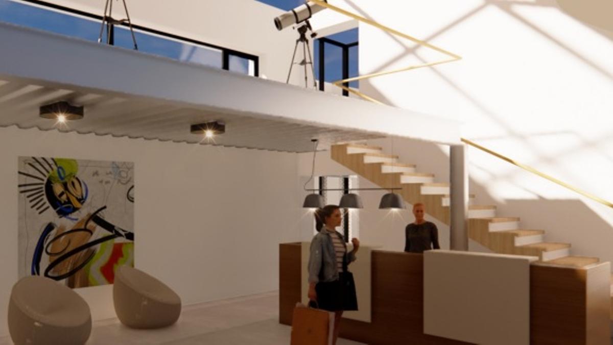 Recreación del interior del centro de recepción de visitantes de Cotobello, con los telescopios en la segunda planta.