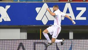 Real Madrid s French forward Karim Benzema celebrates after scoring a goal during the Spanish league football match between SD Eibar and Real Madrid CF at the Ipurua stadium in Eibar on December 20  2020  (Photo by ANDER GILLENEA   AFP)