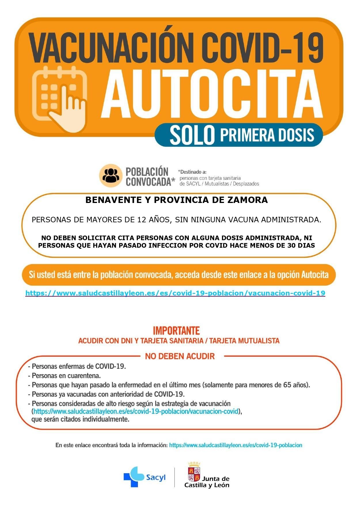 Vacunación por autocita en Benavente para personas sin vacunar mayores de 12 años. 1 de octubre.