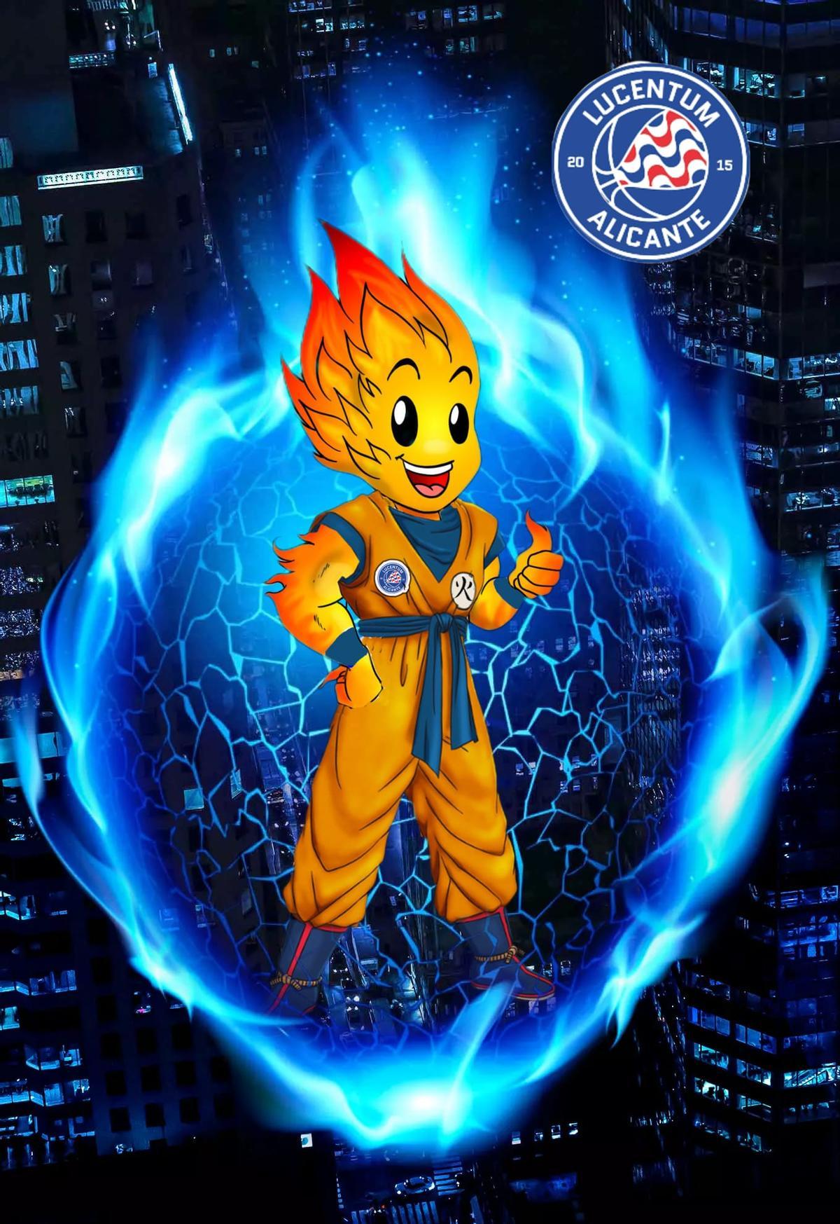 Fogui, la mascota del Lucentum, caracterizado como Son Goku.