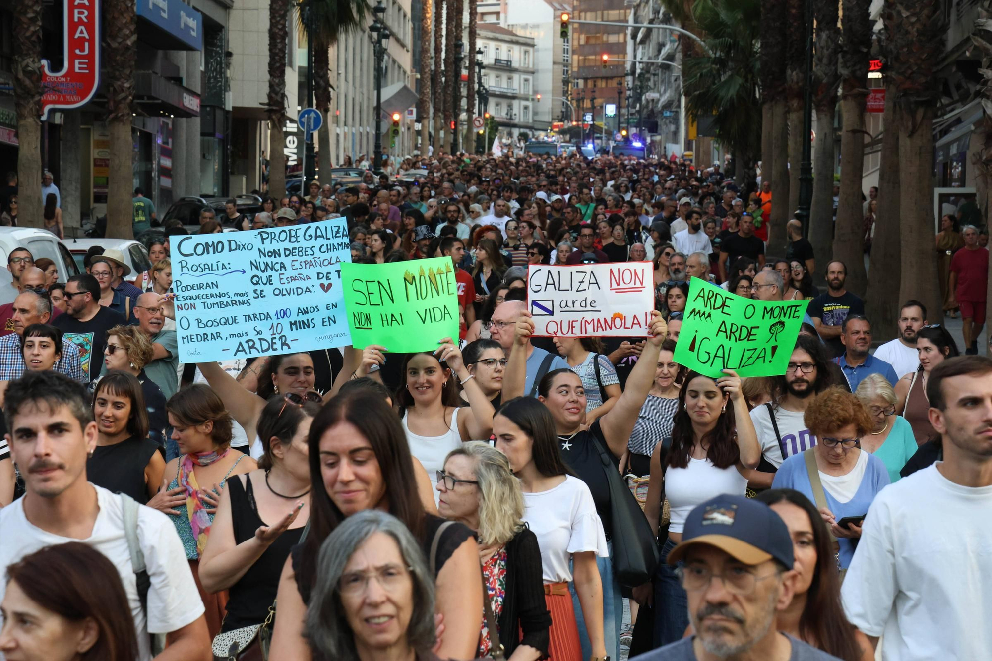 Cientos de personas salen a la calle en Vigo a protestar por la gestión de los incendios... bajo la ceniza
