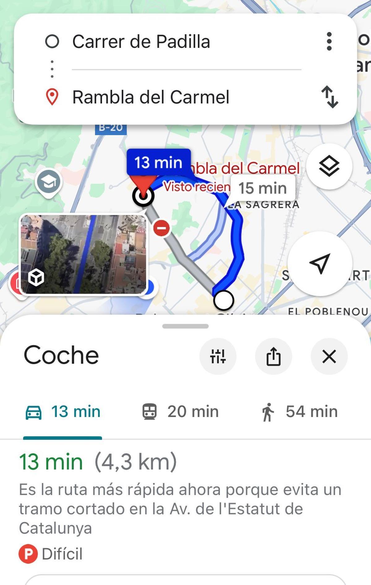 Ruta que ofrecía Google Maps este lunes.