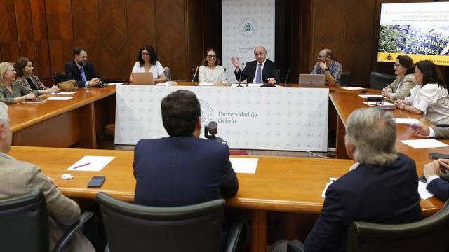 Un momento de la reunión del consejo asesor de la Facultad de Economía, con la decana, Carmen Benavides, en la mesa presidencial, primera por la izquierda. | LUISMA MURIAS