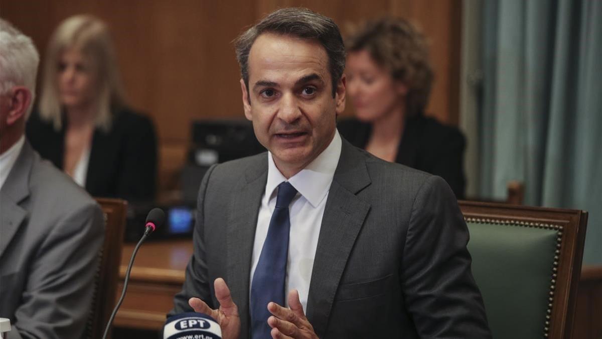 Primer Ministro de Grecia Kyriakos Mitsotakis hablando en Atenas.