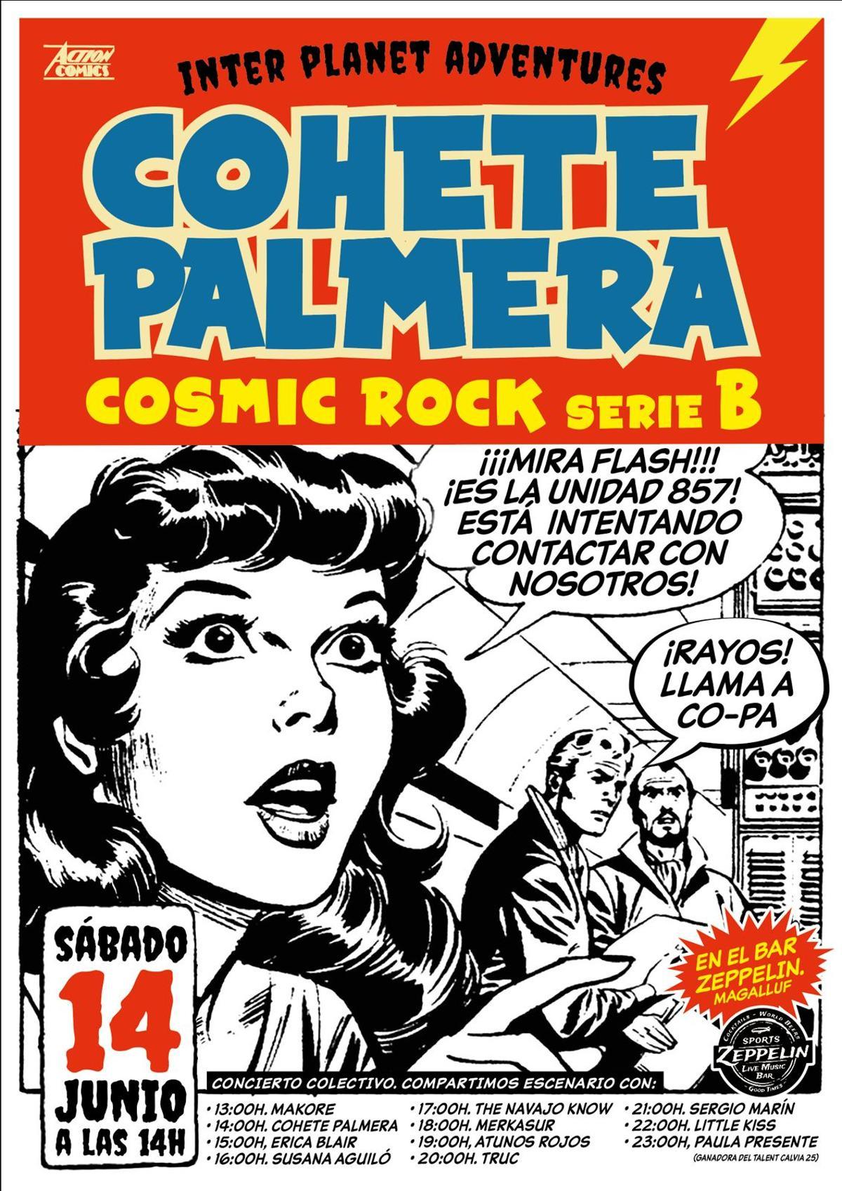 Cartel diseñado por el grupo Cohete Palmera en el que se anuncia su actuación en este festival alternativo