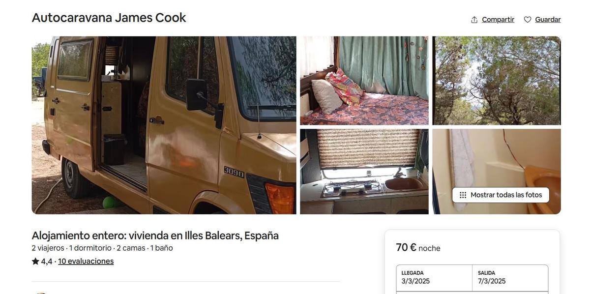 Captura de pantalla de un anuncio de alquiler, disponible este jueves, del alquiler de una carvana para dormir en Ibiza.