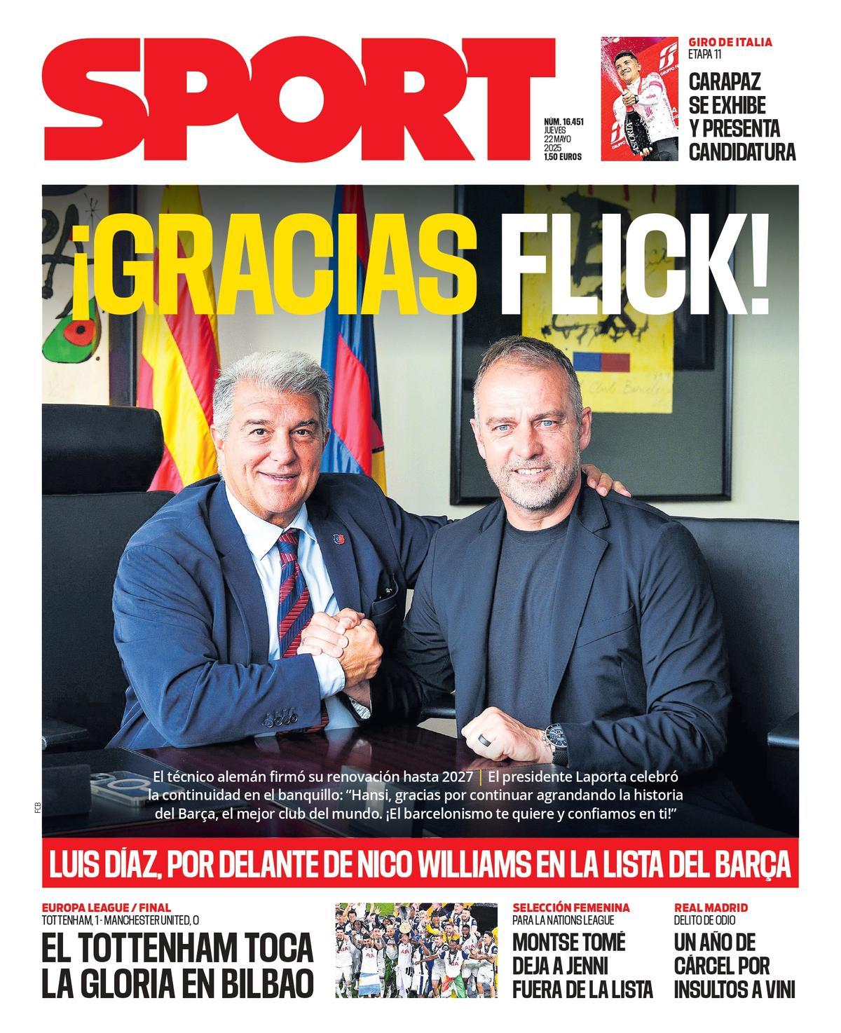 La portada de SPORT de hoy jueves, 22 de mayo de 2025