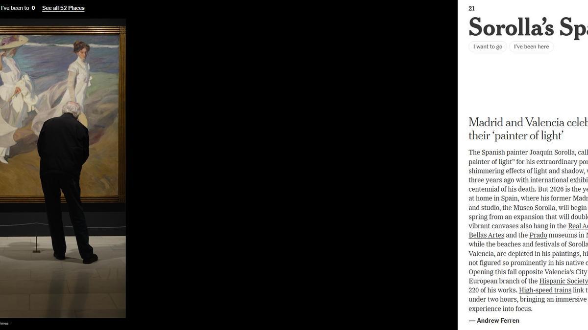 The New York Times elige València y Madrid con su conexión de Joaquín Sorolla como destino fundamental en 2026.