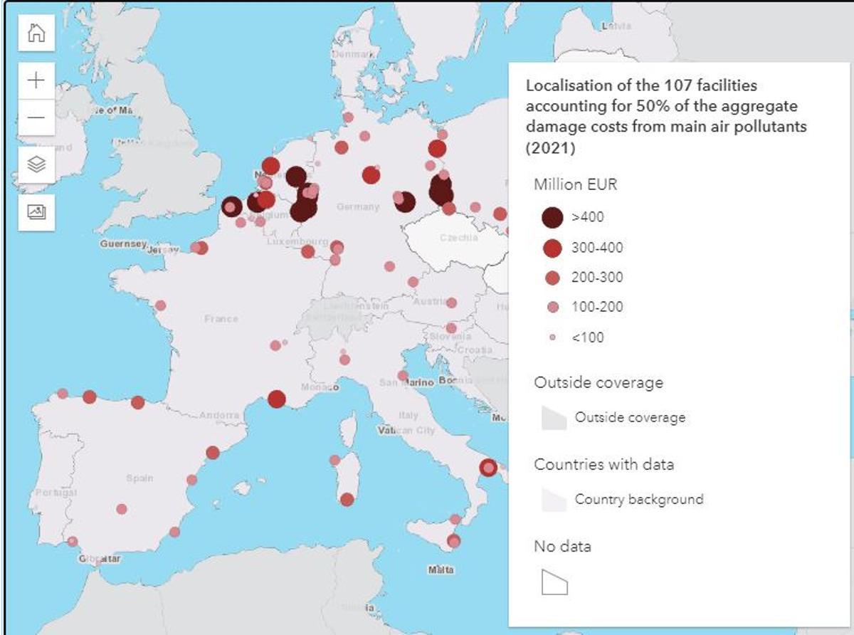 Ubicación de las principales instalaciones contaminantes de Europa en 2021