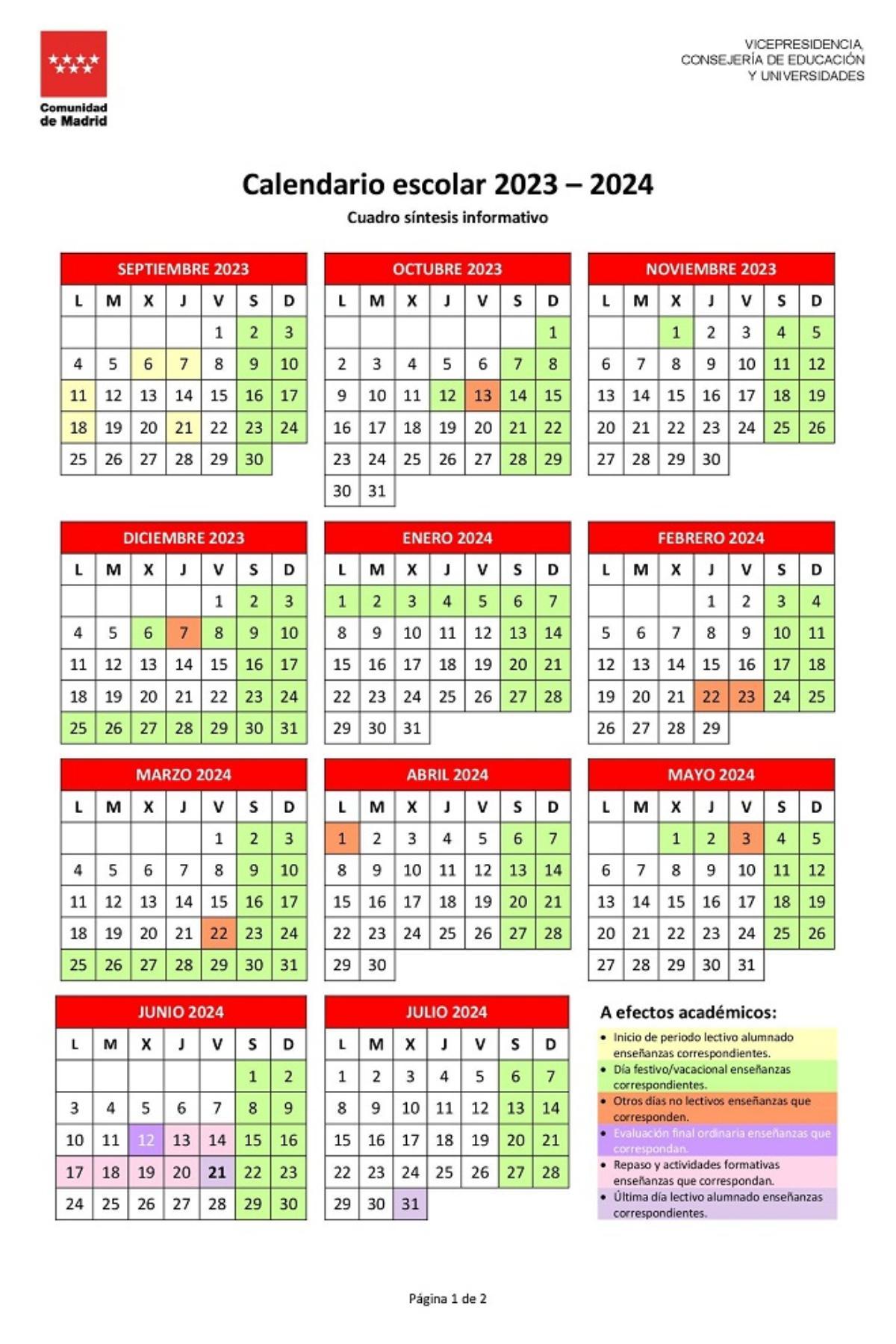 Calendario Escolar de la Comunidad de Madrid  