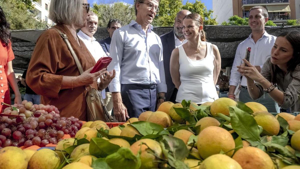 El político gallego se detuvo en la mayoría de fruterías del mercado. | B.RAMON