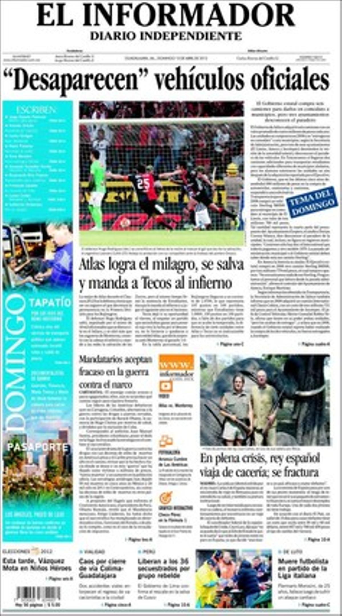 Portada del diari ’El Informador’ de Mèxic en la seva edició del diumenge 15 d’abril del 2012. Portada del diari ’El Informador’ de Mèxic en la seva edició del diumenge 15 d’abril del 2012.