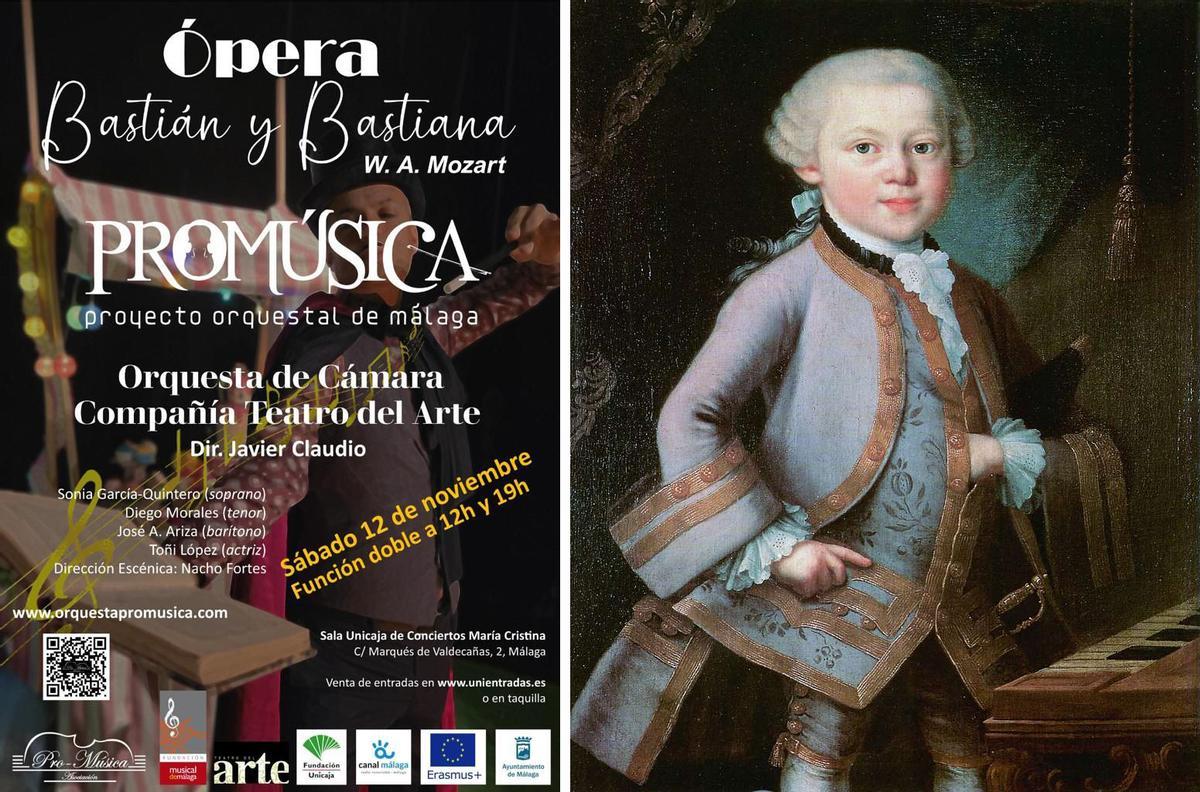 Cartel de la representación y retrato de Mozart niño.