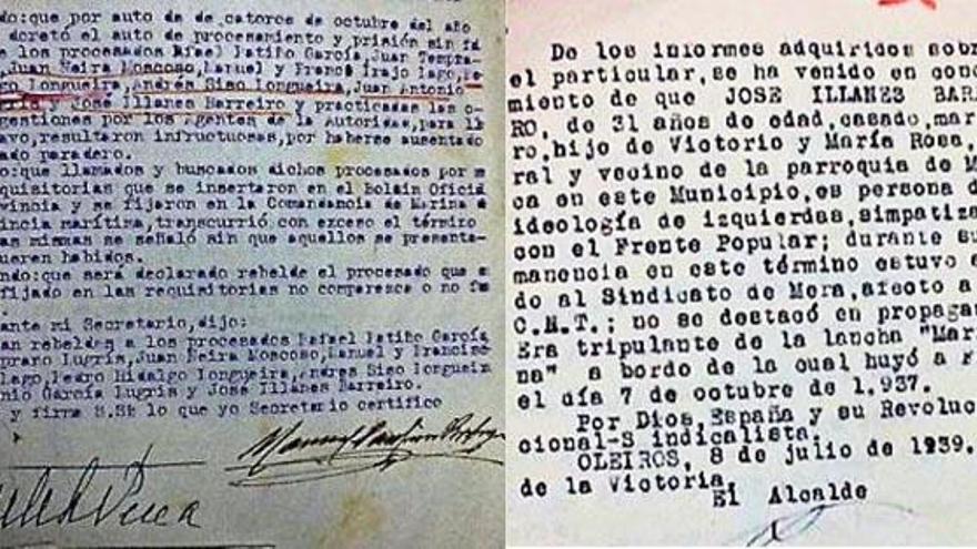 Auto do departamento marítimo de Ferrol declarando en rebeldía aos fuxidos; e acta dun dos fuxidos no arquivo de Oleiros