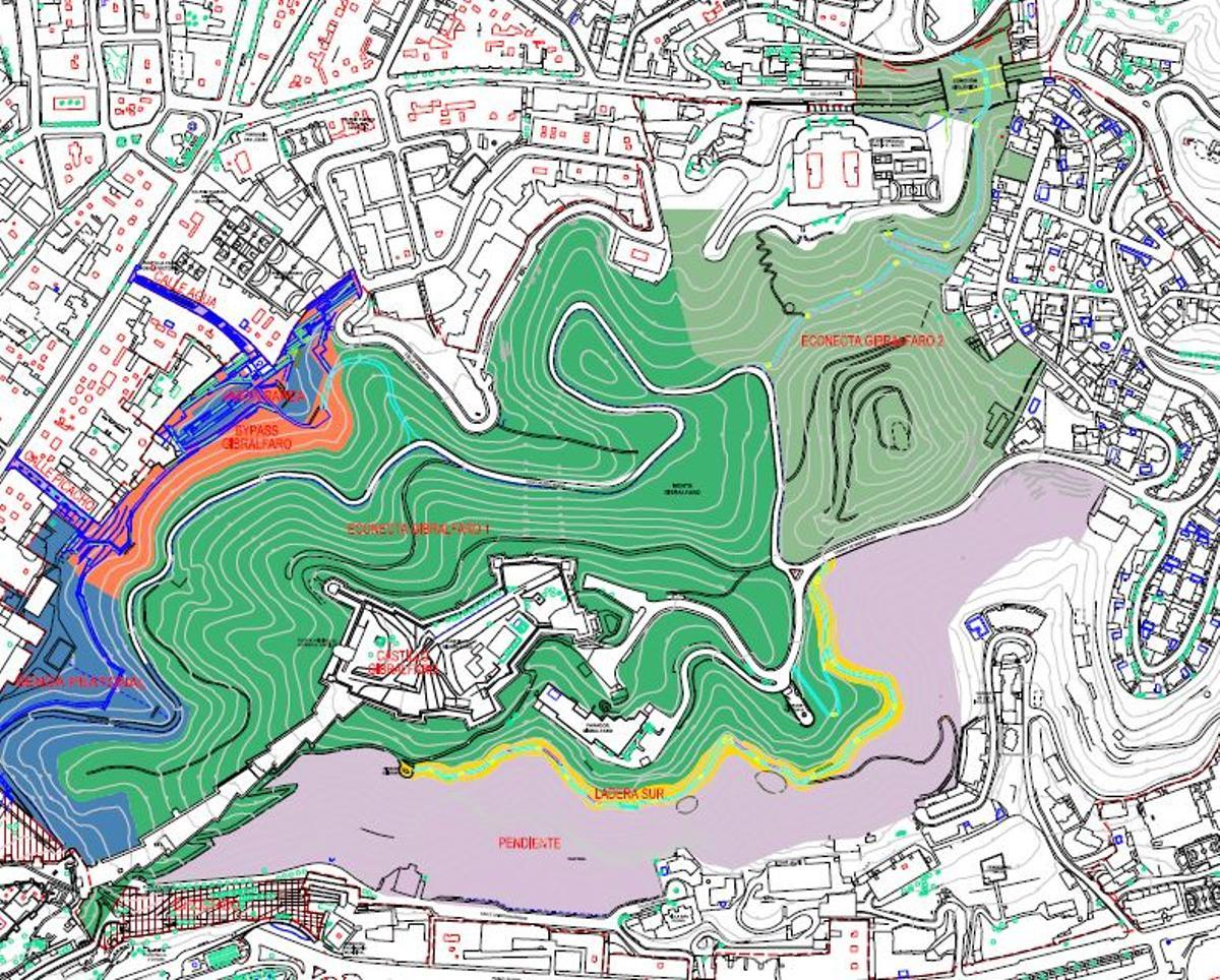 Plano de Gibralfaro con las actuaciones previstas.