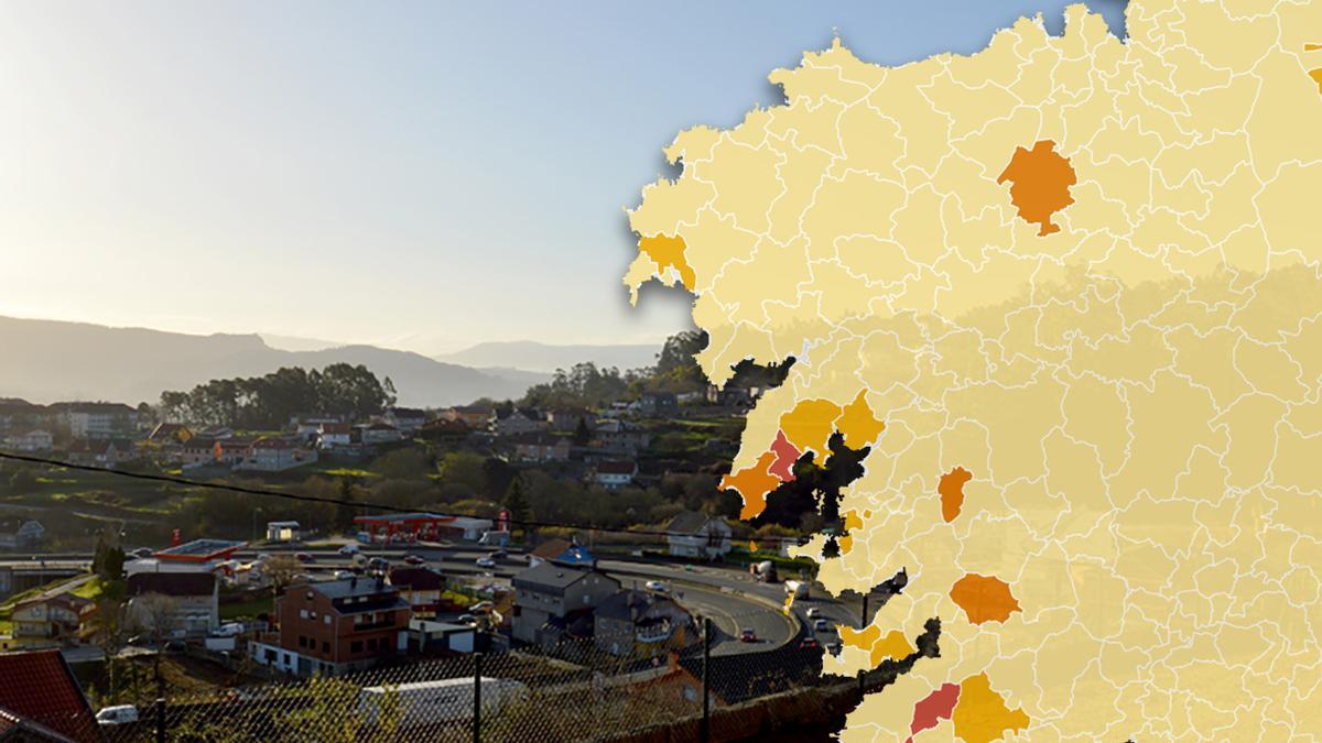 Vista de Tameiga, en Mos con el mapa de las restricciones en Galicia.