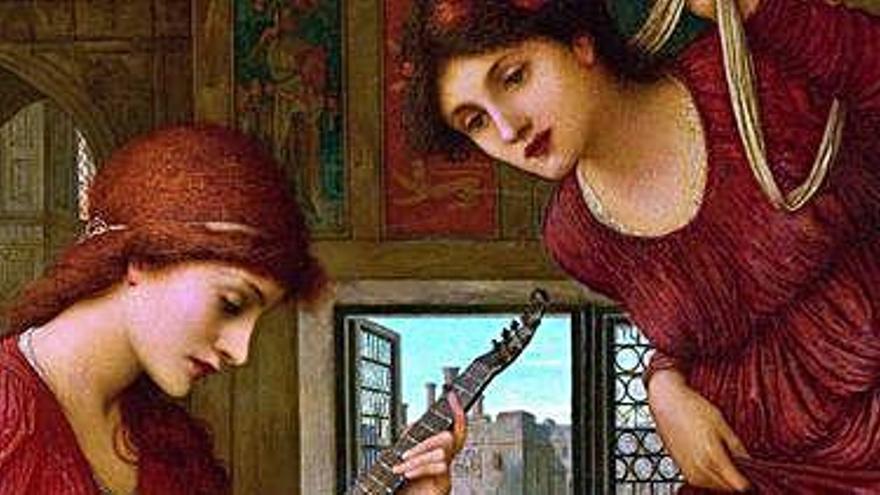 Quadre de dones de l&#039;Edat Mitjana dedicades a la música que inclou el dossier del calendari.