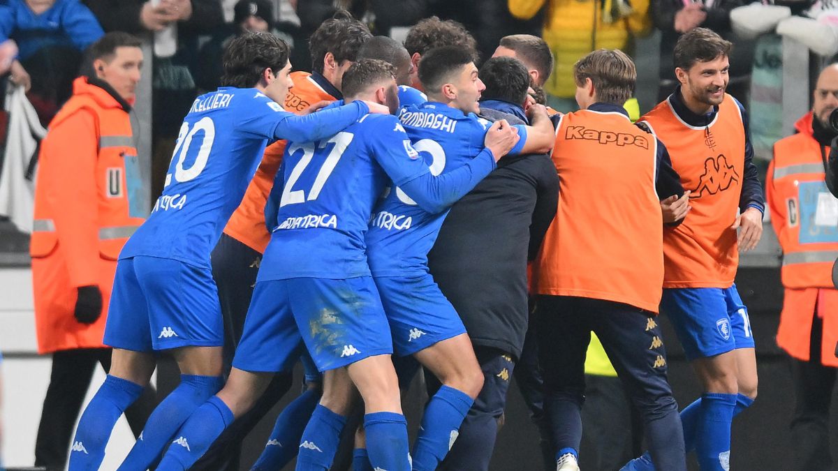 I giocatori dell'Empoli esultano per il gol del pareggio contro la Juventus (1-1)
