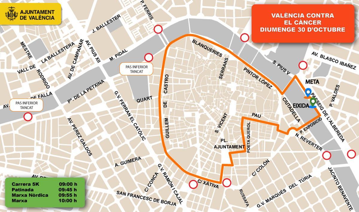 Plano del recorrido de la Carrera València contra el Càncer.