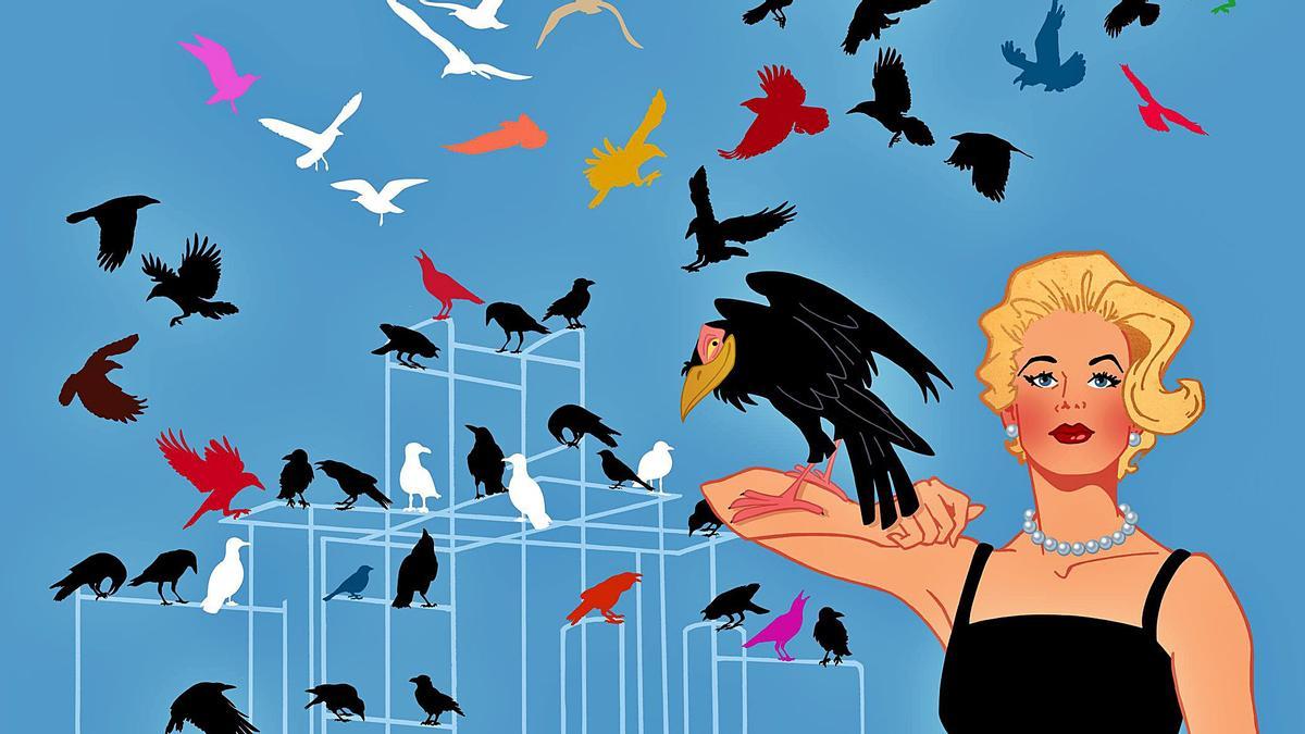 Tippi Hedren en “Los pájaros”, recreada por Abraham Menéndez en “El enemigo de las rubias”. |   ABE THE APE