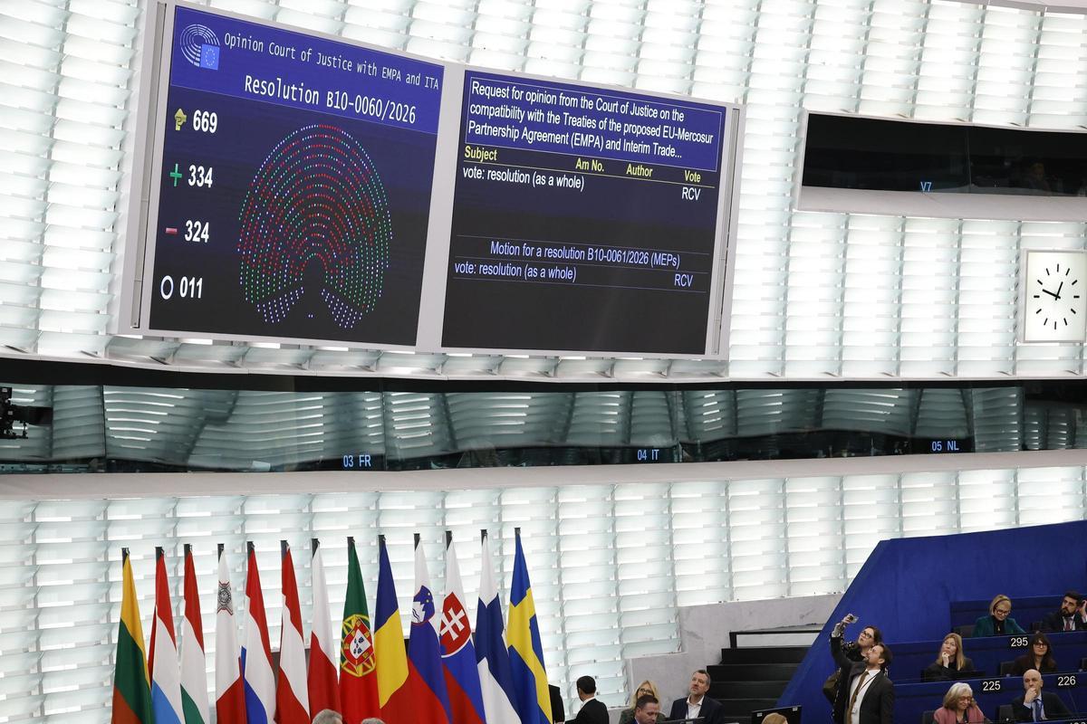 Pantalla del Parlamento europeo con el resultado de la votación sobre el acuerdo con Mercosur.