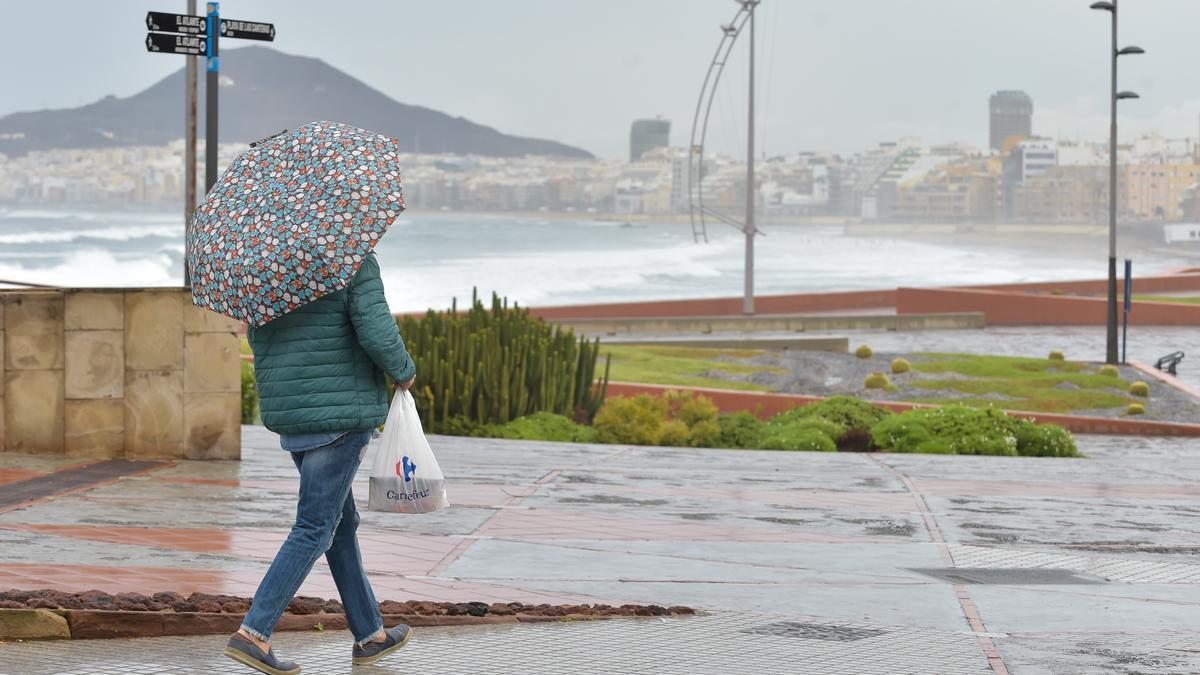 Una persona se protege de la lluvia con un paraguas cerca del auditorio Alfredo Kraus, en Las Palmas de Gran Canaria.