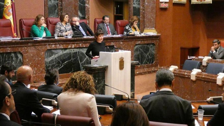 La diputada de Podemos María Giménez, durante su intervención en la Asamblea Regional.