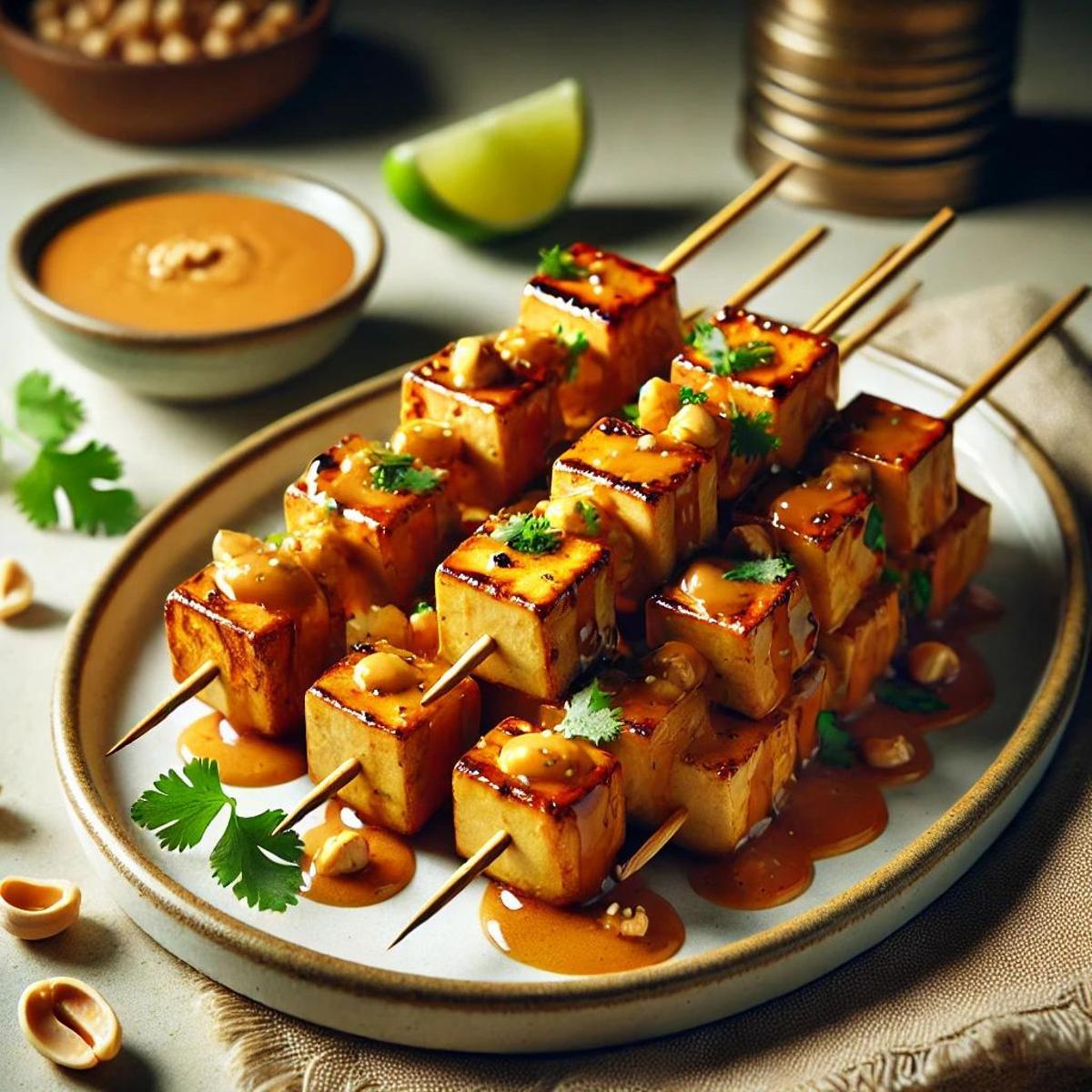 Mini brochetas de tofu marinado con salsa de cacahuete.