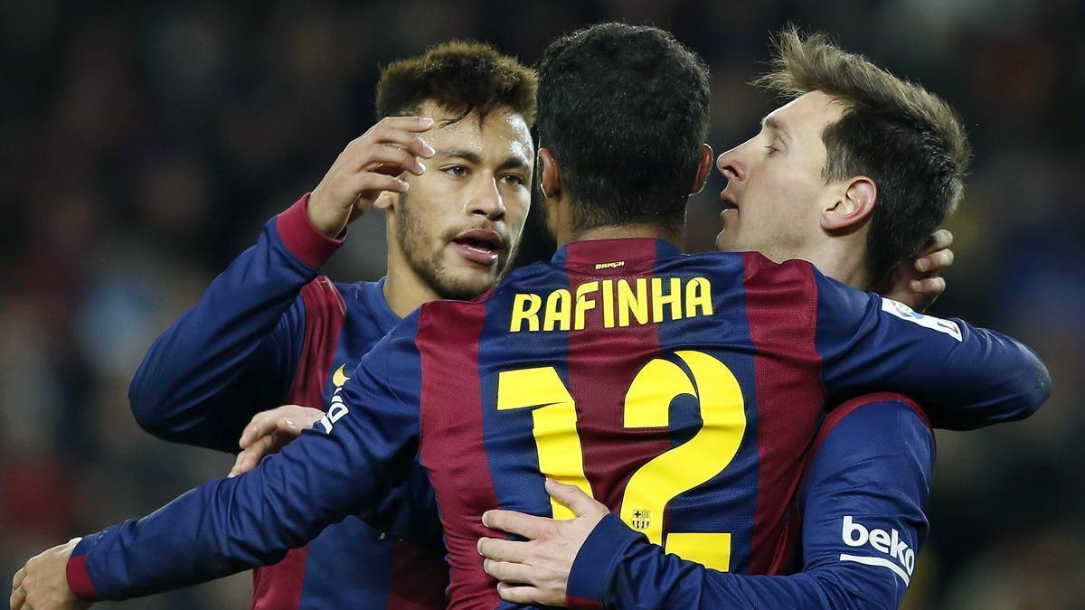 Neymar, Rafinha y Messi celebran un gol con el Barça en 2015.