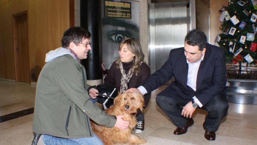 Peter Waltenverger, Olga Costa y Luis Aragunde, con &quot;Tranqui&quot; ayer en el Concello.