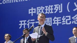 El embajador de la República Popular China en España, Yao Jing, durante el acto conmemorativo del Tren China-Europa.