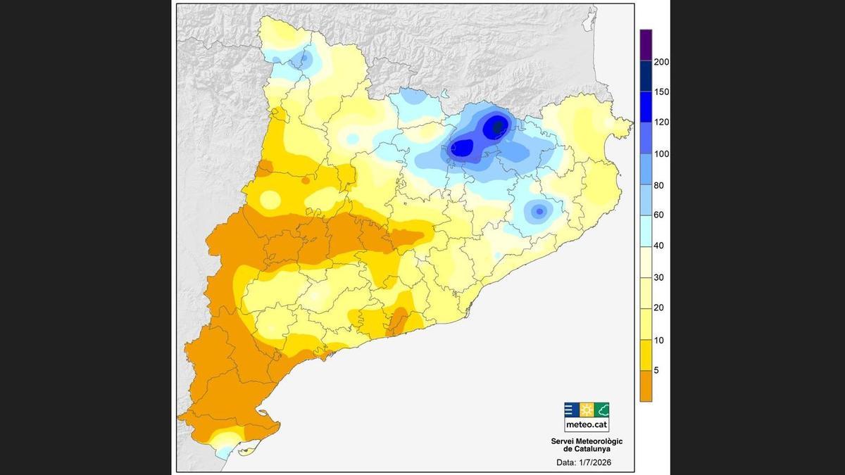 Mapa de la precipitació acumulada d'aquest mes de juny.