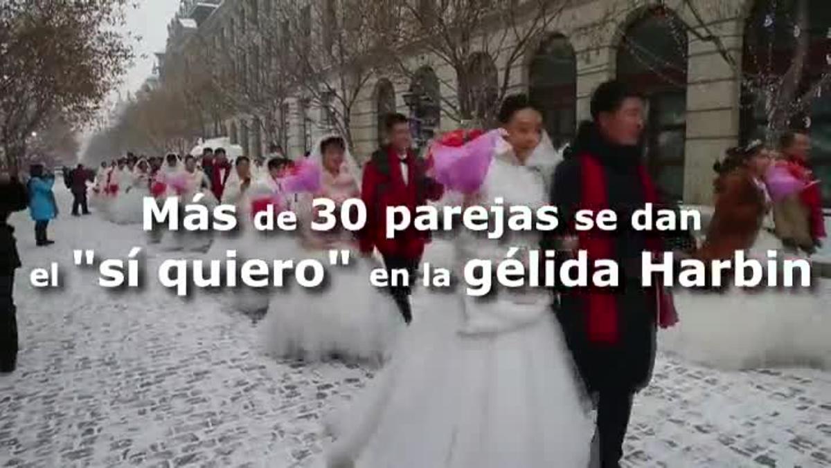 Més d’una trentena de parelles del gegant asiàtic van desafiar les gèlides temperatures per pronunciar els seus vots matrimonials a Harbin.