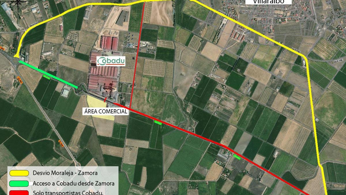 Mapa del desvío del tráfico en la carretera Zamora-Moraleja por las obras de la pasarela en Cobadu.