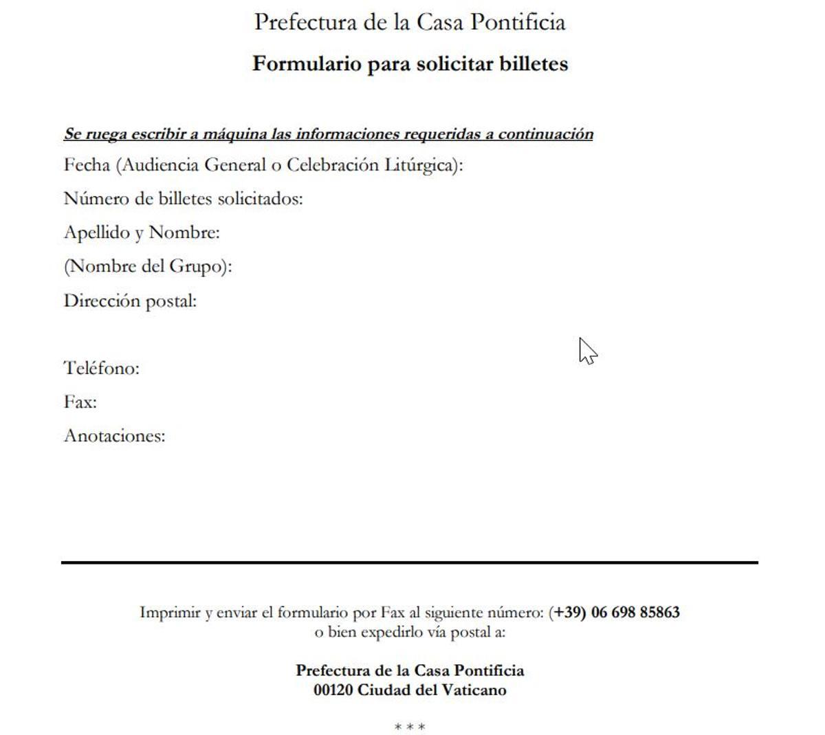 Formulario de la Prefectura de la Casa Pontificia para solicitar billetes