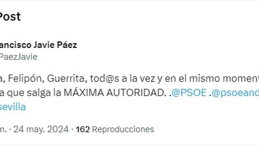 Un concejal del PSOE de Sevilla responde a las últimas críticas de los exlíderes socialistas: &quot;Susanita, Felipón, Guerrita... a la vez&quot;