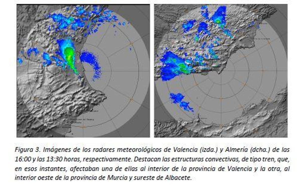 Imágenes de los radares meteorológicos en los que se observa las estructuras convectivas de tipo tren de las 16 y 13 horas en València y Almería.