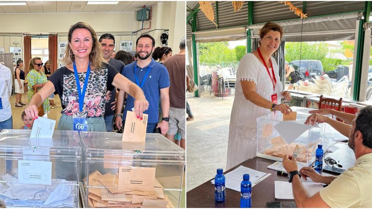 La alcaldesa de Castelló, Begoña Carrasco (PP), y la portavoz socialista, Patricia Puerta, depositan su voto este domingo.