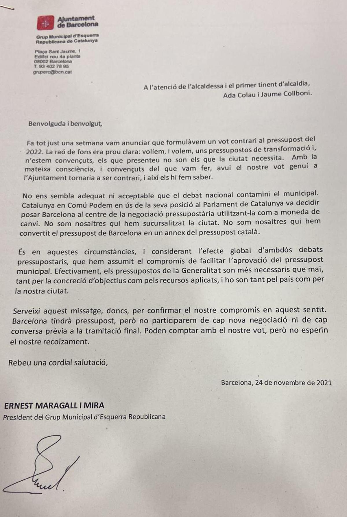 La carta enviada por Maragall a Colau y Collboni.