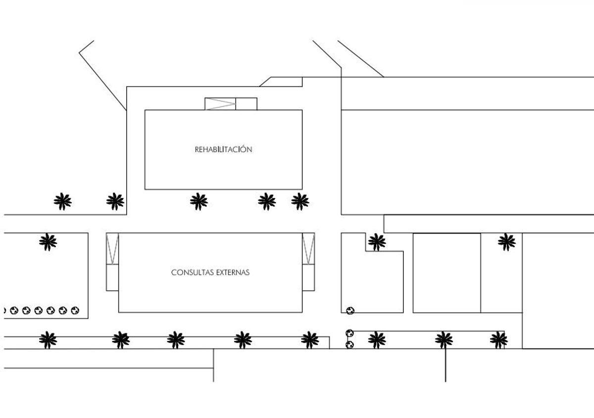 Ubicación de las prefabricadas de consultas externas y rehabilitación junto a la fachada oeste del hospital, cerca de la parada de autobuses