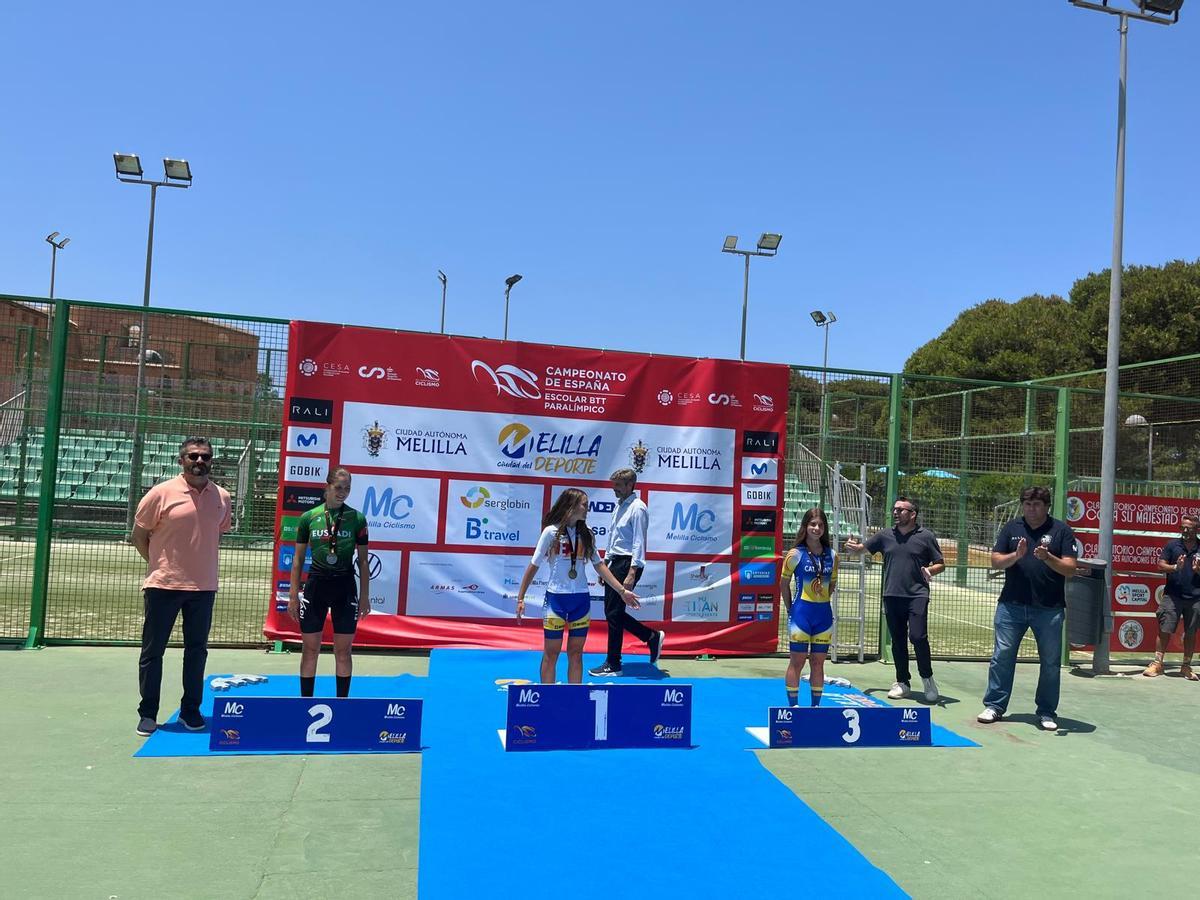 Mariona Balcells, a la dreta, en el tercer graó del podi cadet femení