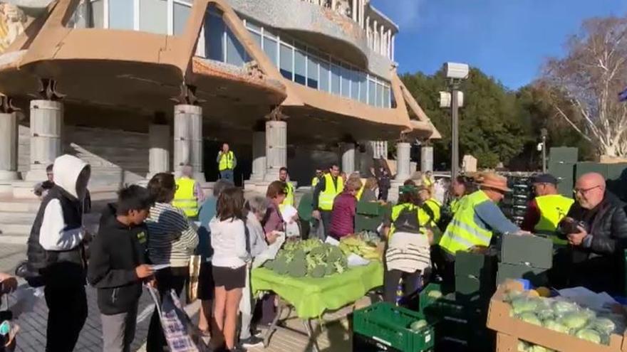 Los agricultores reparten sus frutas y verduras a las puertas de la Asamblea Regional