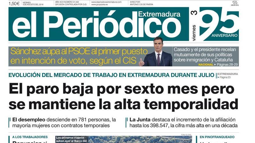 Esta es la portada de EL PERIÓDICO EXTREMADURA correspondiente al día 3 de agosto del 2018